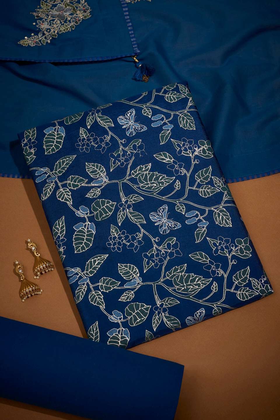Dark Blue Viscose Block Printed Unstitched Suit Set