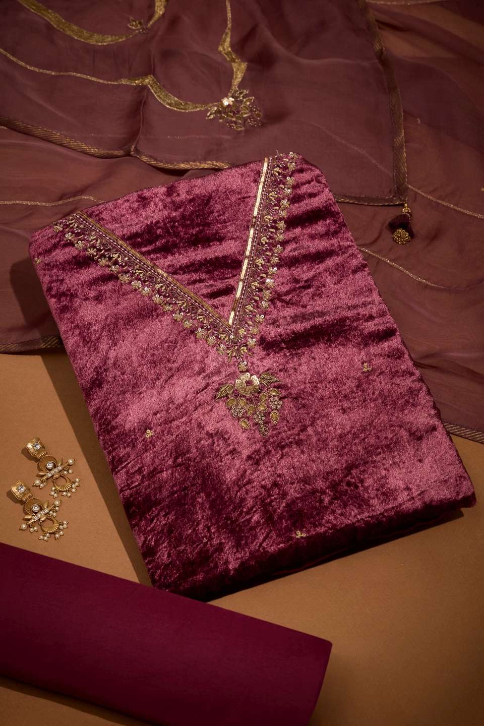 Violet Velvet Embroidered Unstitched Suit Set
