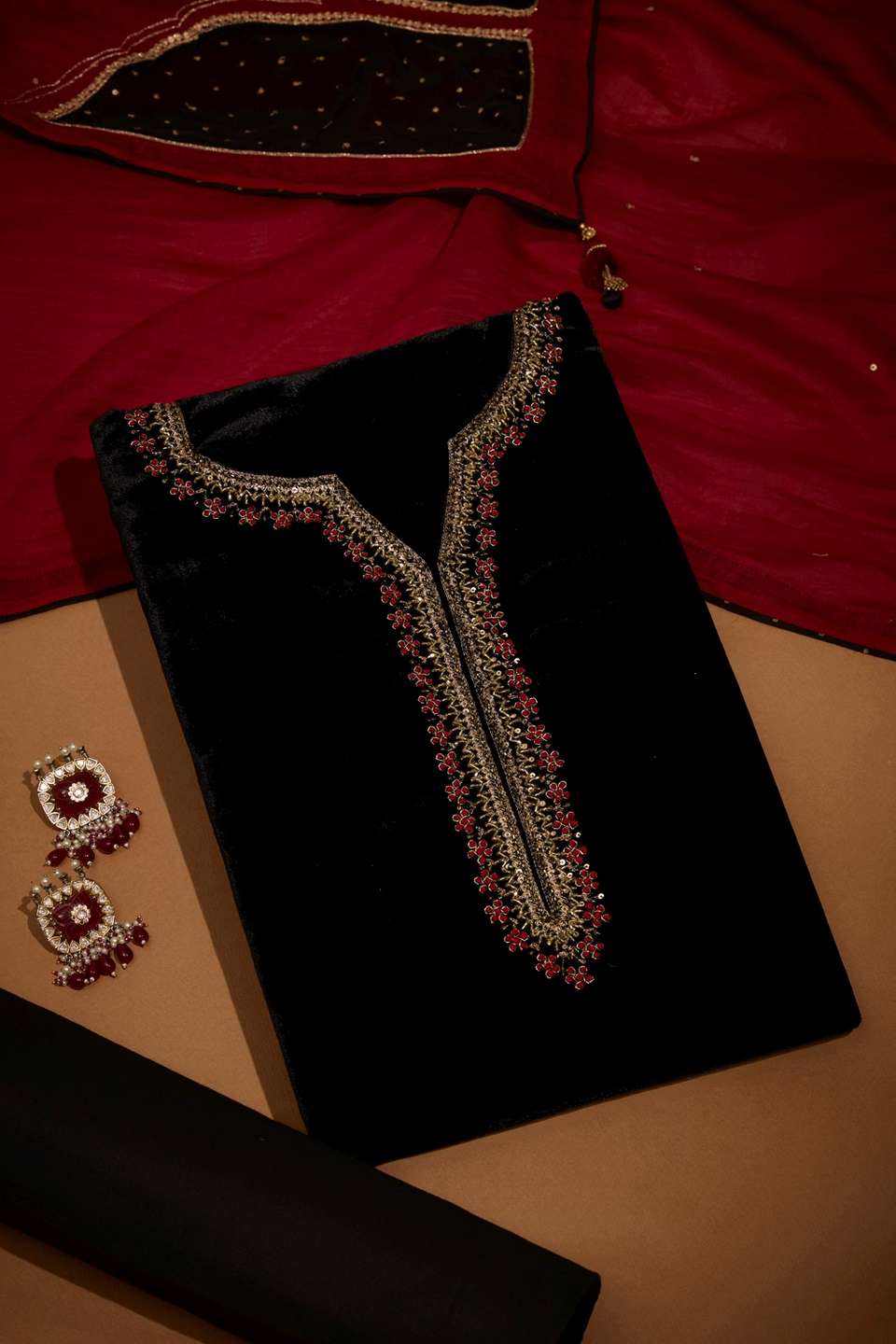 Black Velvet Embroidered Unstitched Suit Set