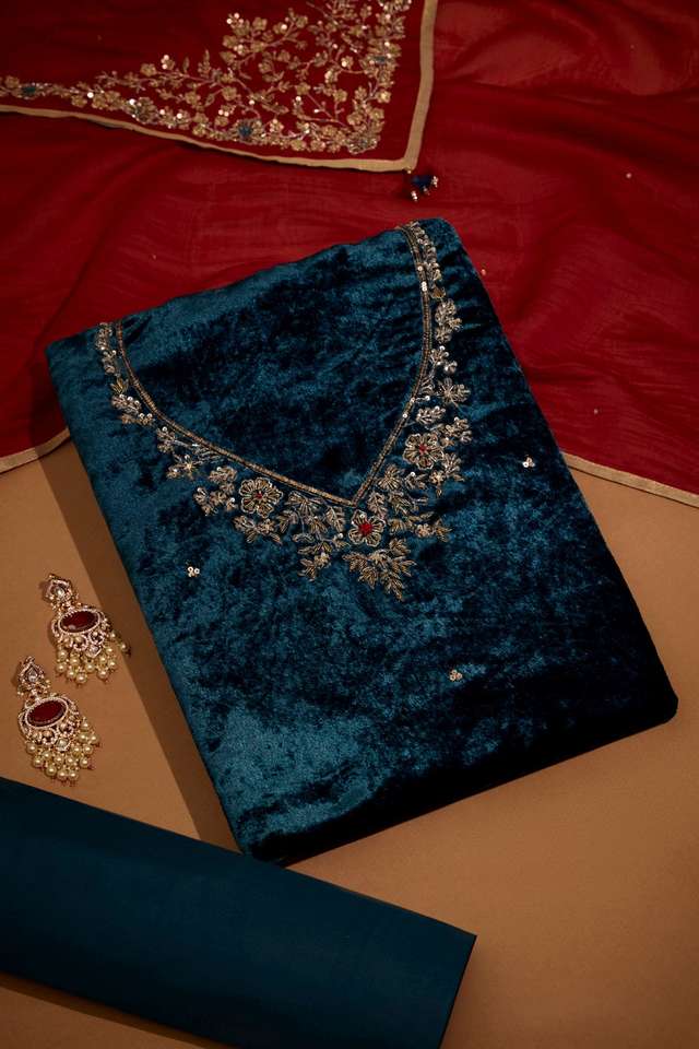 Dark Blue Velvet Embroidered Unstitched Suit Set