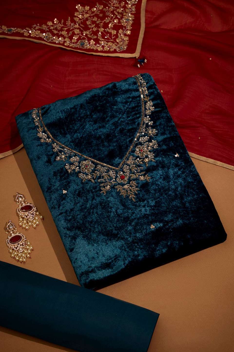 Dark Blue Velvet Embroidered Unstitched Suit Set