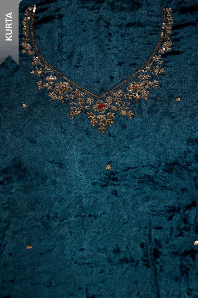 Dark Blue Velvet Embroidered Unstitched Suit Set thumbnail image number null