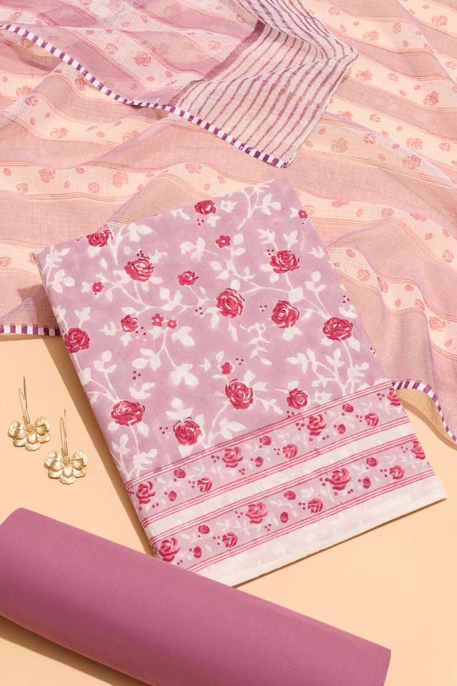Purple Pure Cotton Printed Sanganeri Unstitched Suit Set image number