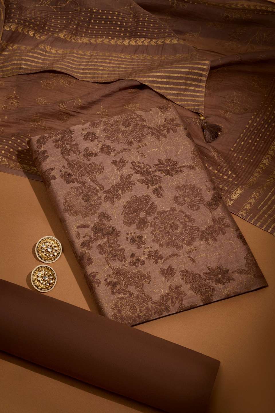 Brown Block Printed Pure Silk Cotton Unstitched Suit Set