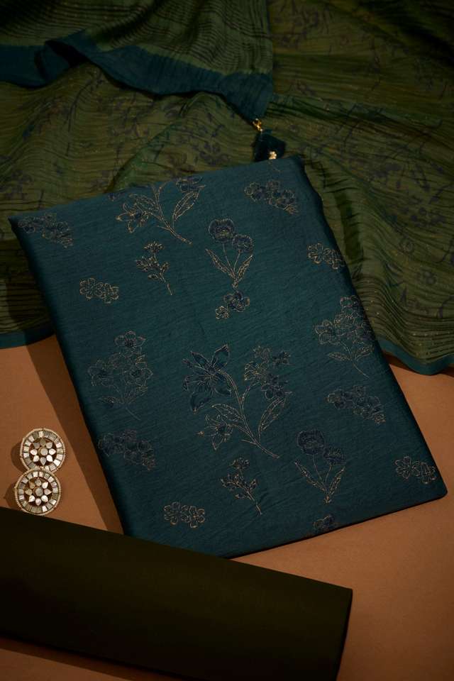 Blue Block Printed Pure Silk Cotton Unstitched Suit Set image number