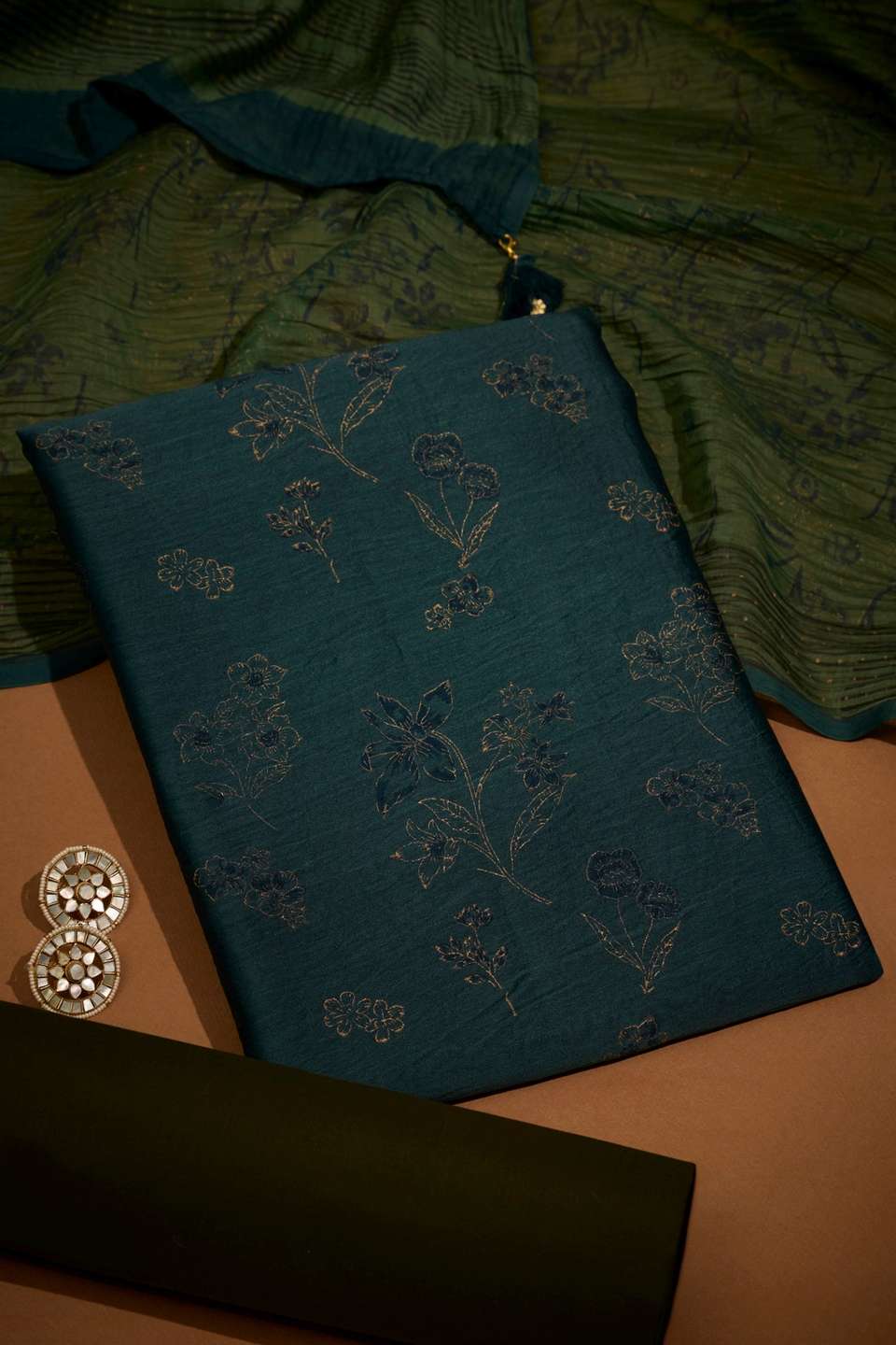 Blue Block Printed Pure Silk Cotton Unstitched Suit Set