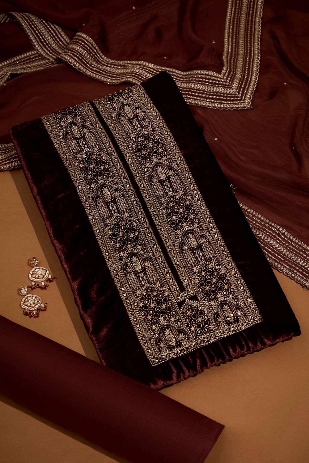 Brown Velvet Embroidered Unstitched Suit Set image number null