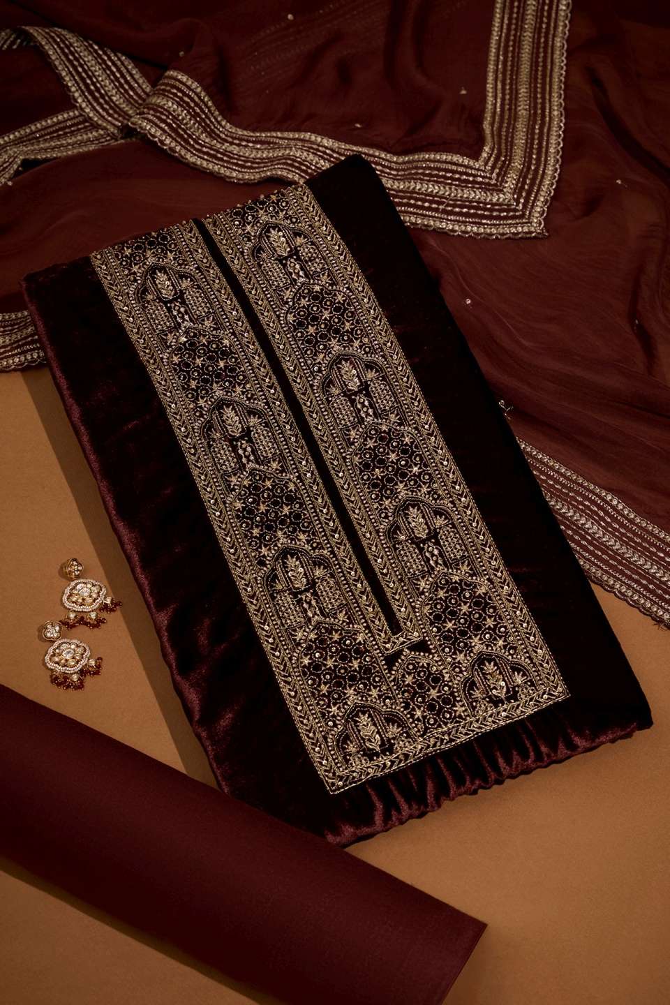 Brown Velvet Embroidered Unstitched Suit Set