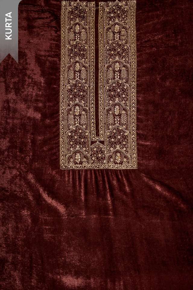 Brown Velvet Embroidered Unstitched Suit Set thumbnail image number null