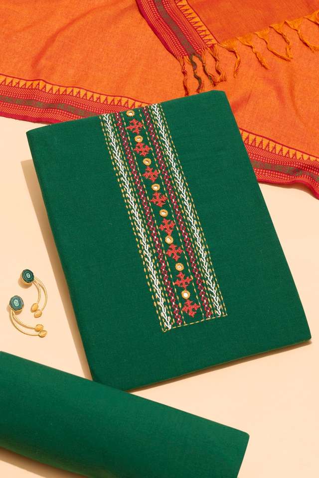 Dark Green Pure Cotton Embroidered Unstitched Suit Set image number