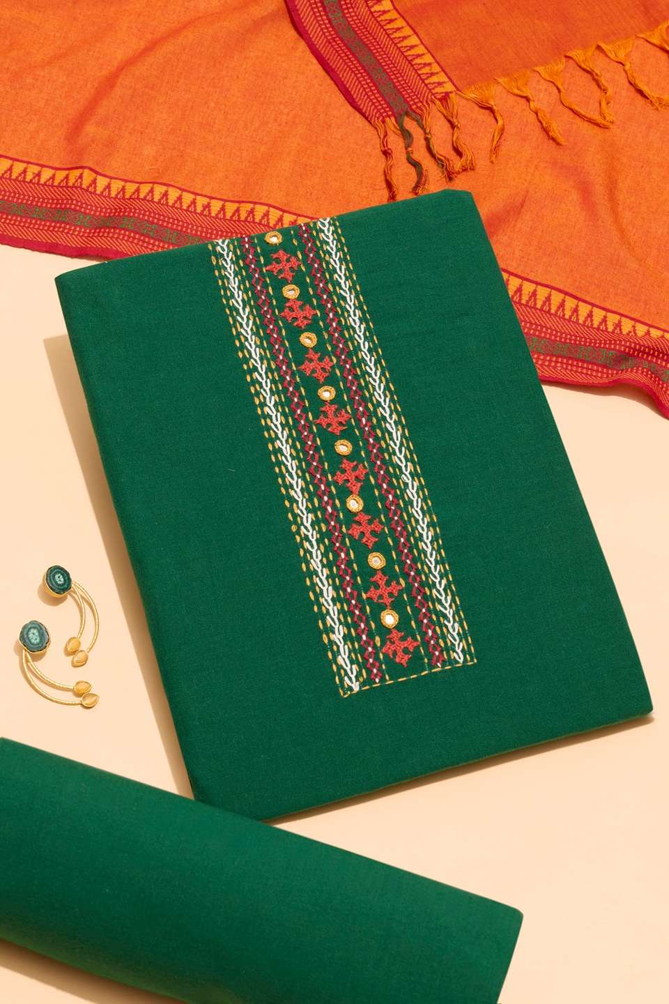 Dark Green Pure Cotton Embroidered Unstitched Suit Set