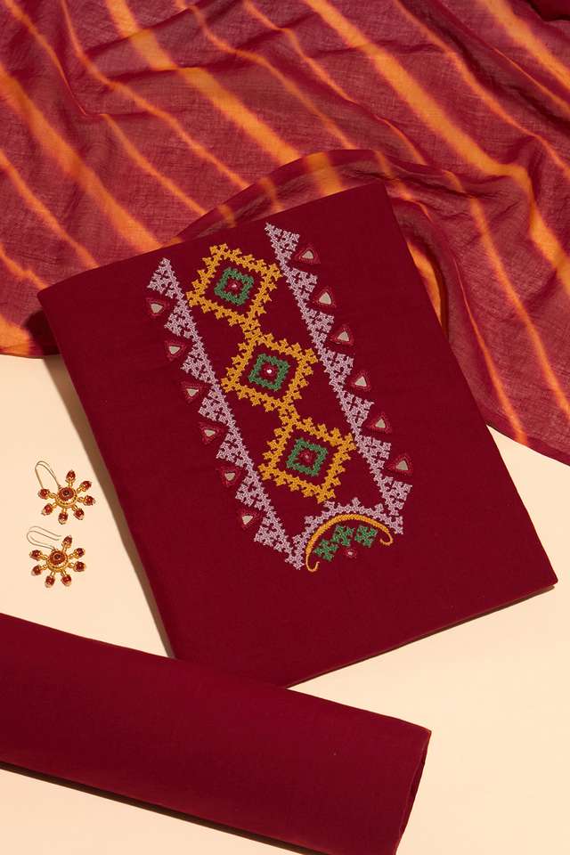 Dark Red Lambani Embroidered Pure Cotton Unstitched Suit Set image number