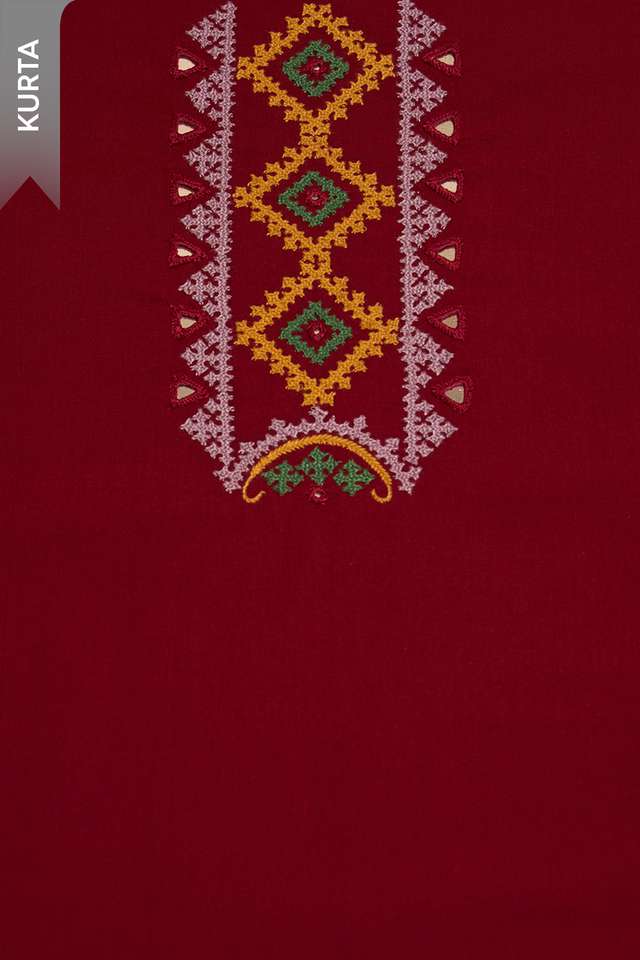 Dark Red Lambani Embroidered Pure Cotton Unstitched Suit Set thumbnail image number null