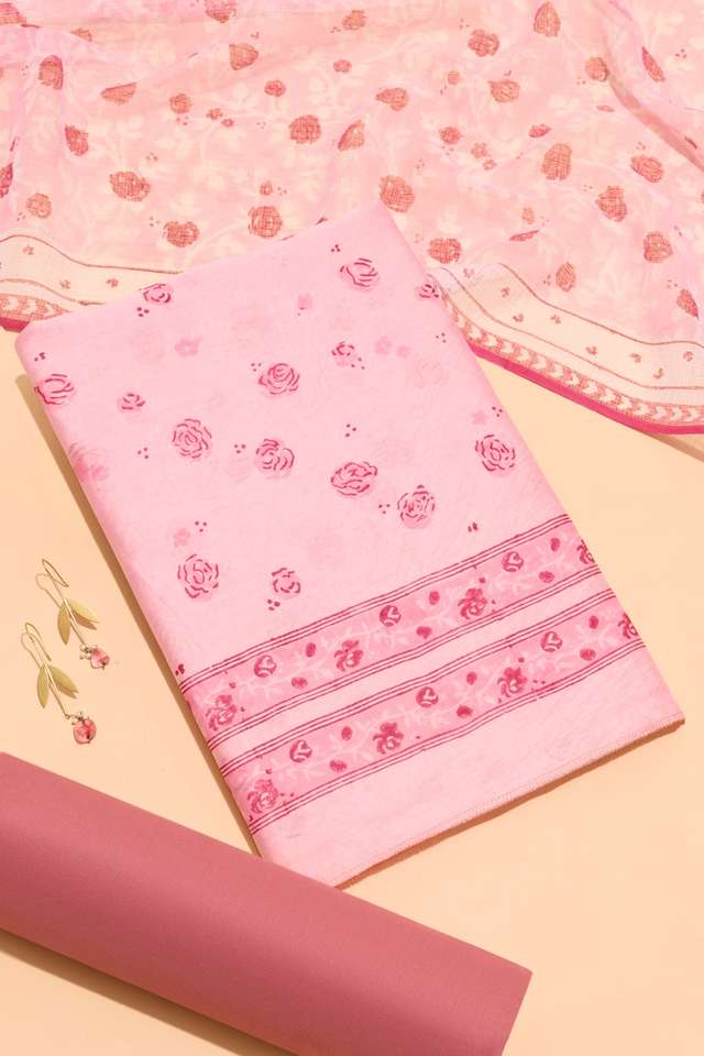 Light Pink Pure Silk Cotton Printed Sanganeri Unstitched Suit Set image number