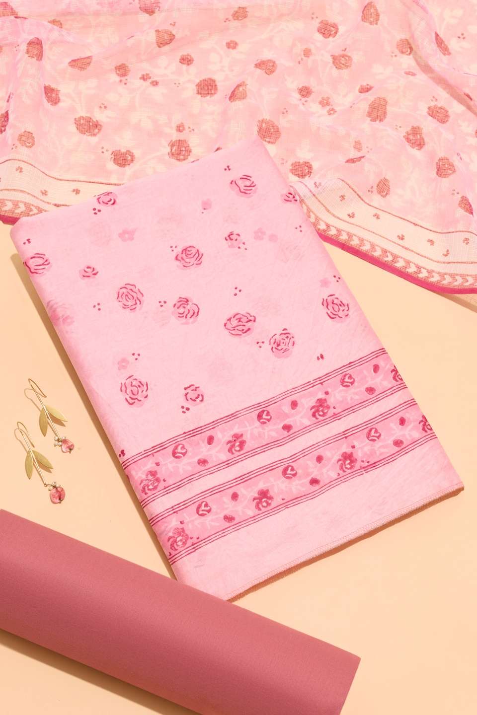 Light Pink Pure Silk Cotton Printed Sanganeri Unstitched Suit Set