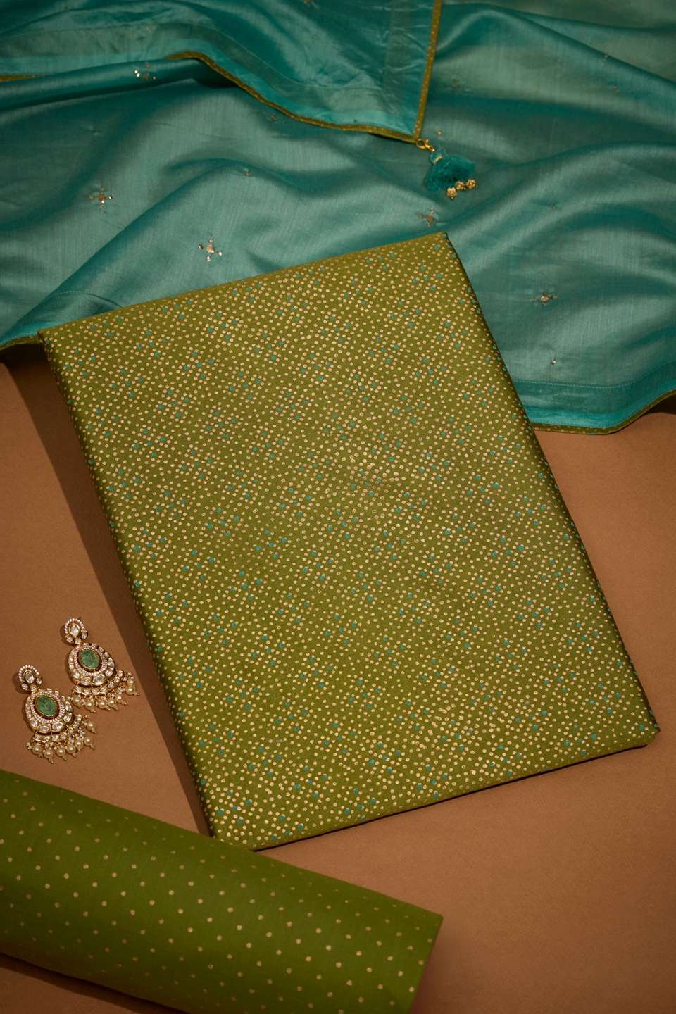 Green Pure Silk Cotton Printed Mukaish Unstitched Suit Set
