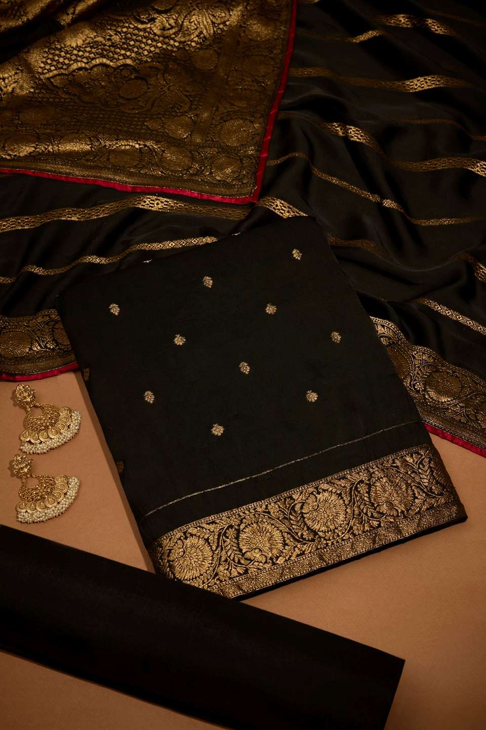 Black Viscose Cutwork Unstitched Suit Set