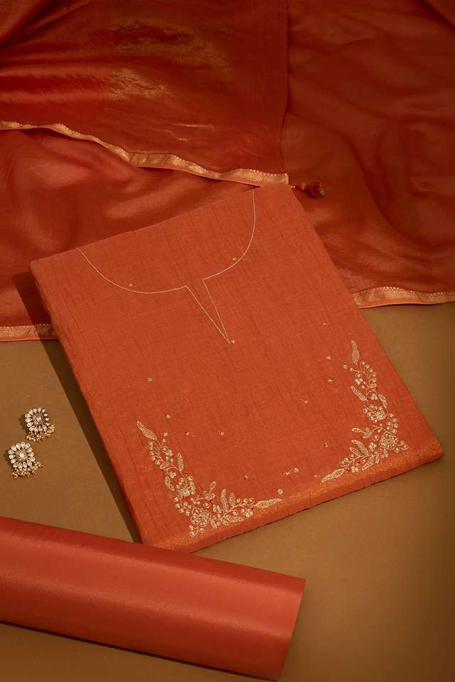 Orange Pure Tissue Cotton Embroidered Unstitched Suit Set image number