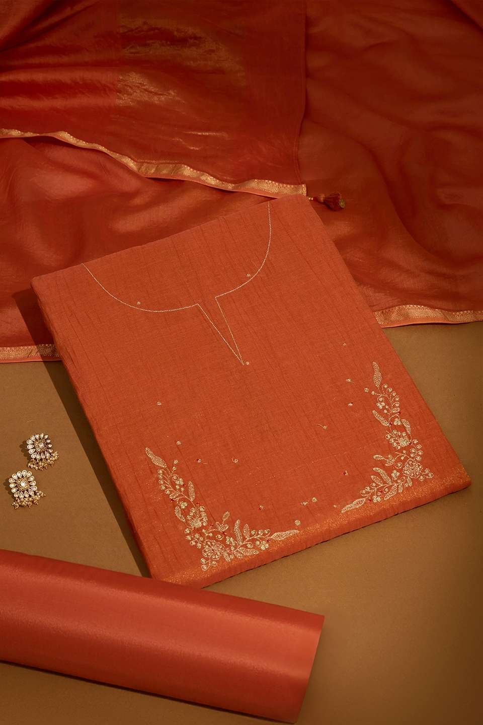 Orange Pure Tissue Cotton Embroidered Unstitched Suit Set