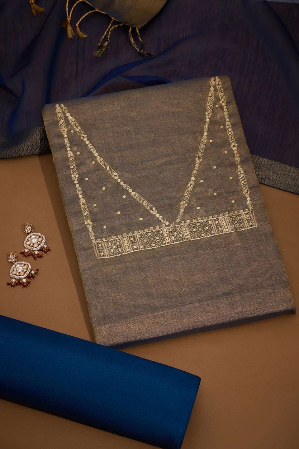 Gold Pure Tissue Cotton Embroidered Unstitched Suit Set