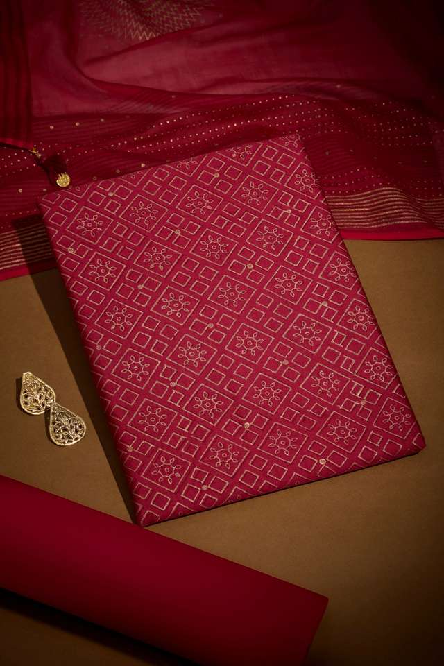 Dark Pink Pure Silk Cotton Block Printed Unstitched Suit Set