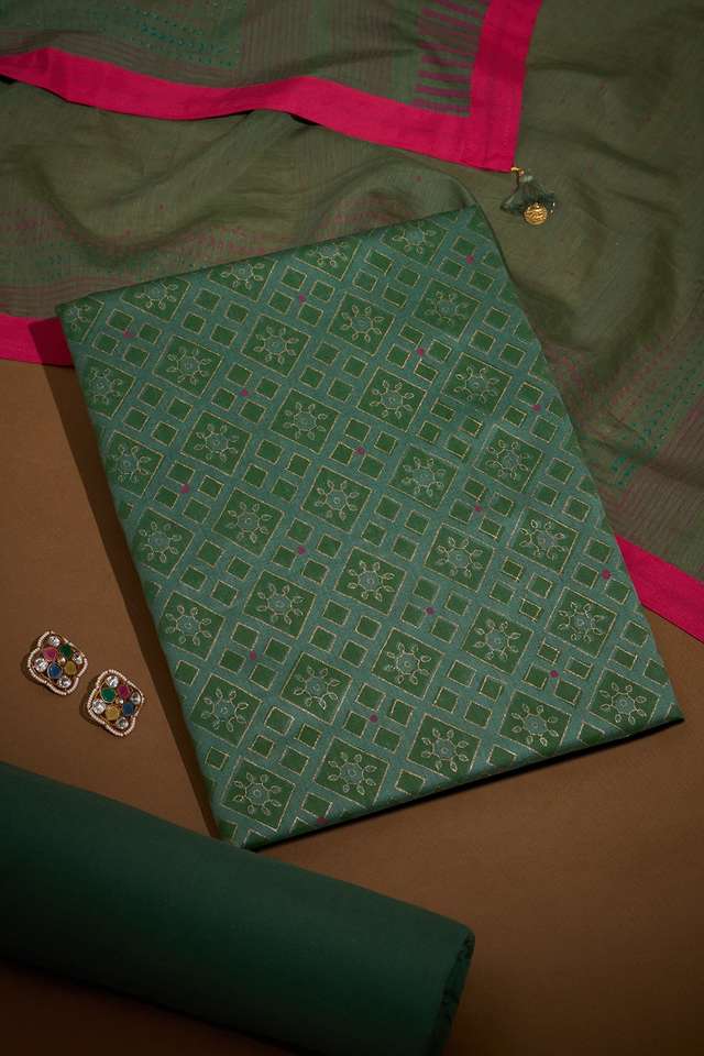 Light Green Block Printed Pure Silk Cotton Unstitched Suit Set image number