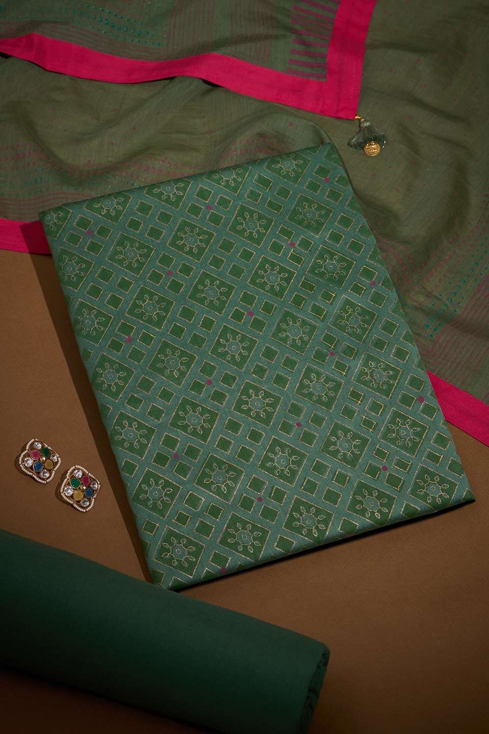 Light Green Block Printed Pure Silk Cotton Unstitched Suit Set