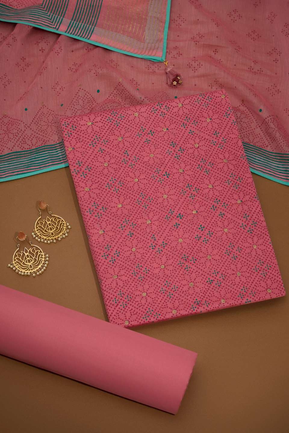 Pink Block Printed Pure Silk Cotton Unstitched Suit Set