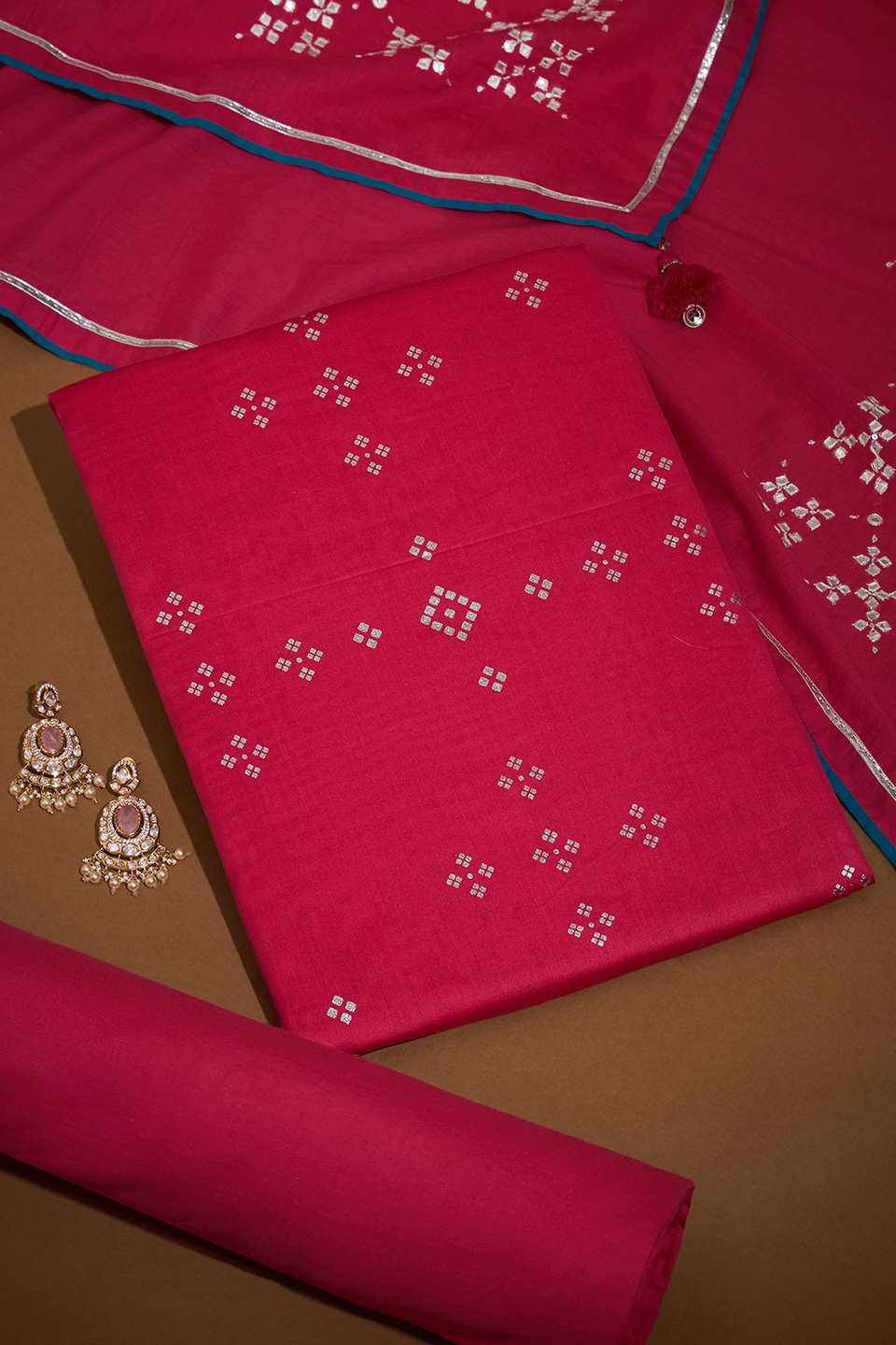 Dark Pink Screen Printed Pure Silk Cotton Unstitched Suit Set