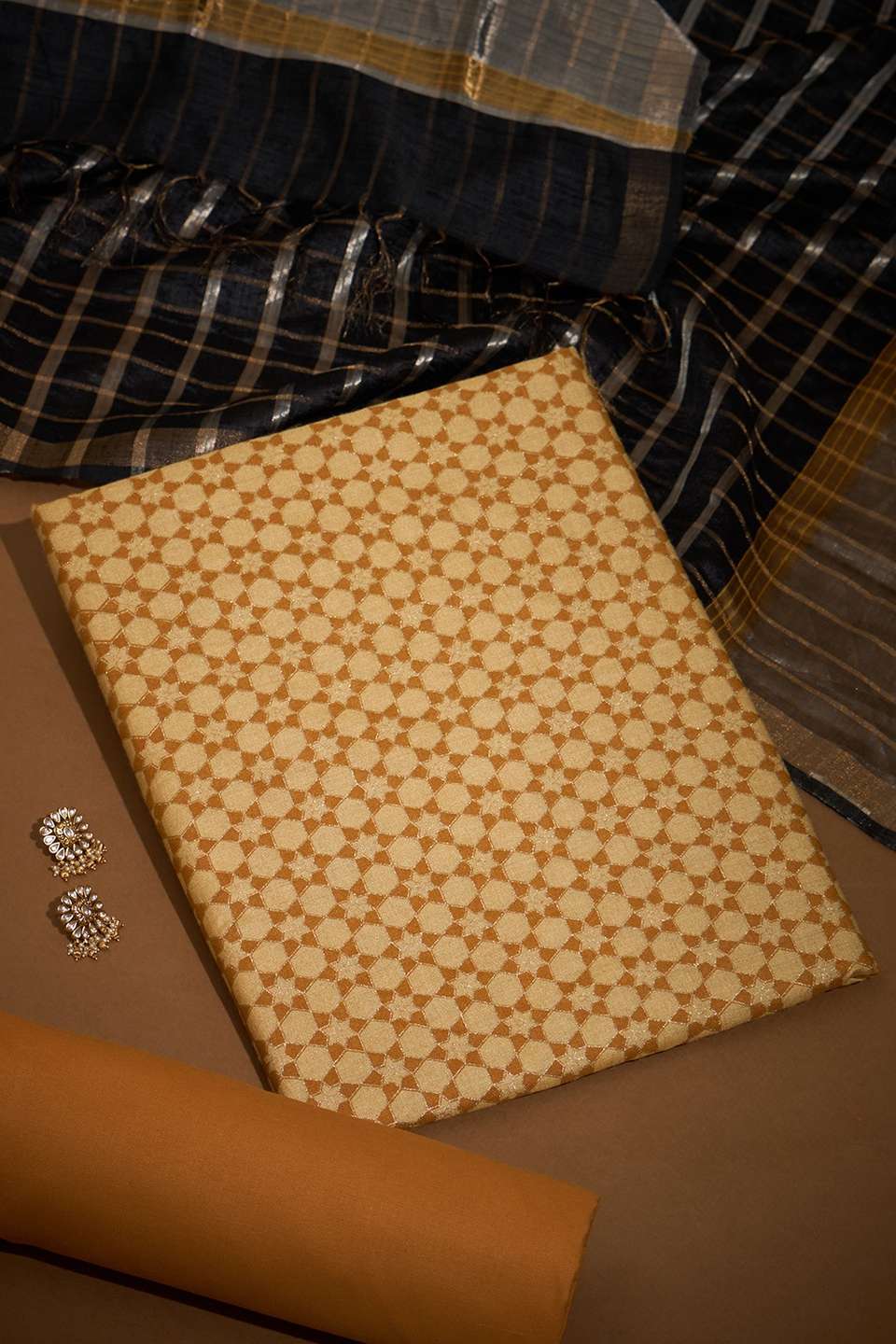 Yellow Screen Printed Pure Tussar Silk Unstitched Suit Set