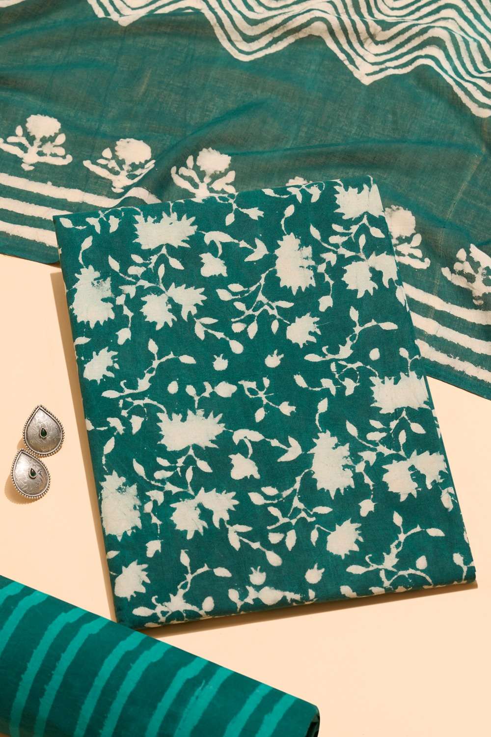 Green Pure Cotton Dabu Block Printed Unstitched Suit Set image number null