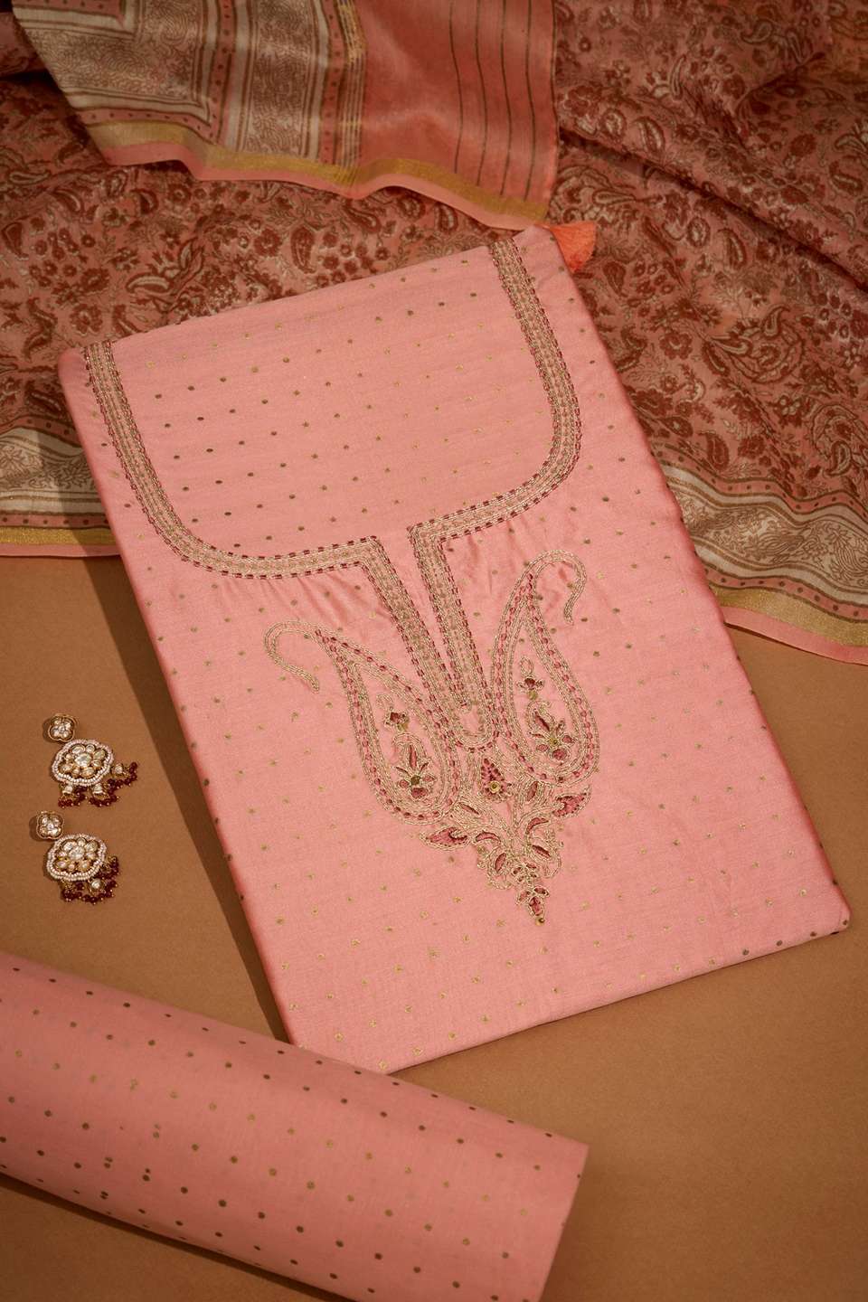 Light Orange Pure Silk Cotton Embroidered Unstitched Suit Set