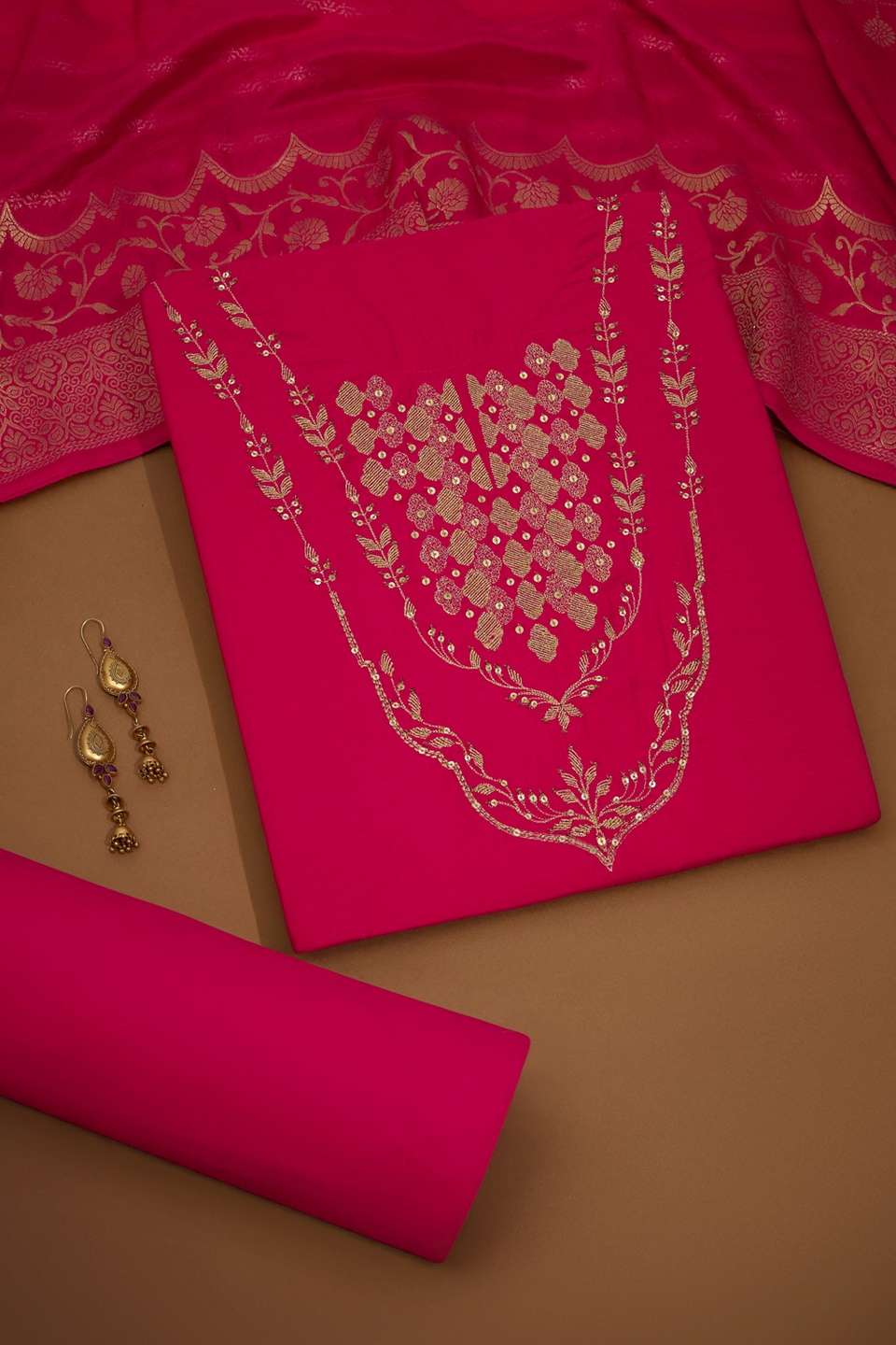 Pink Embroidered Viscose Unstitched Suit Set