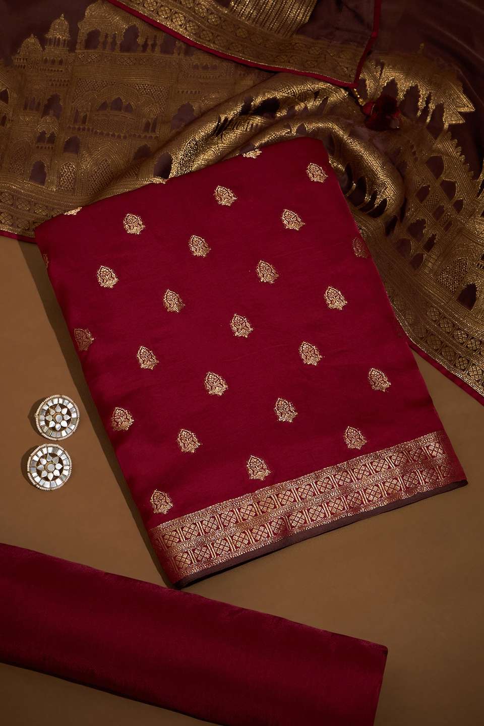 Red Woven Viscose Unstitched Suit Set