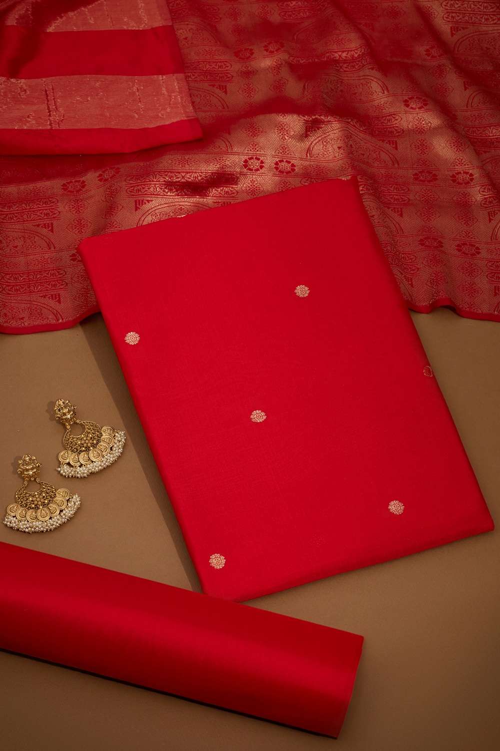 Red Woven Silk Viscose Unstitched Suit Set image number null