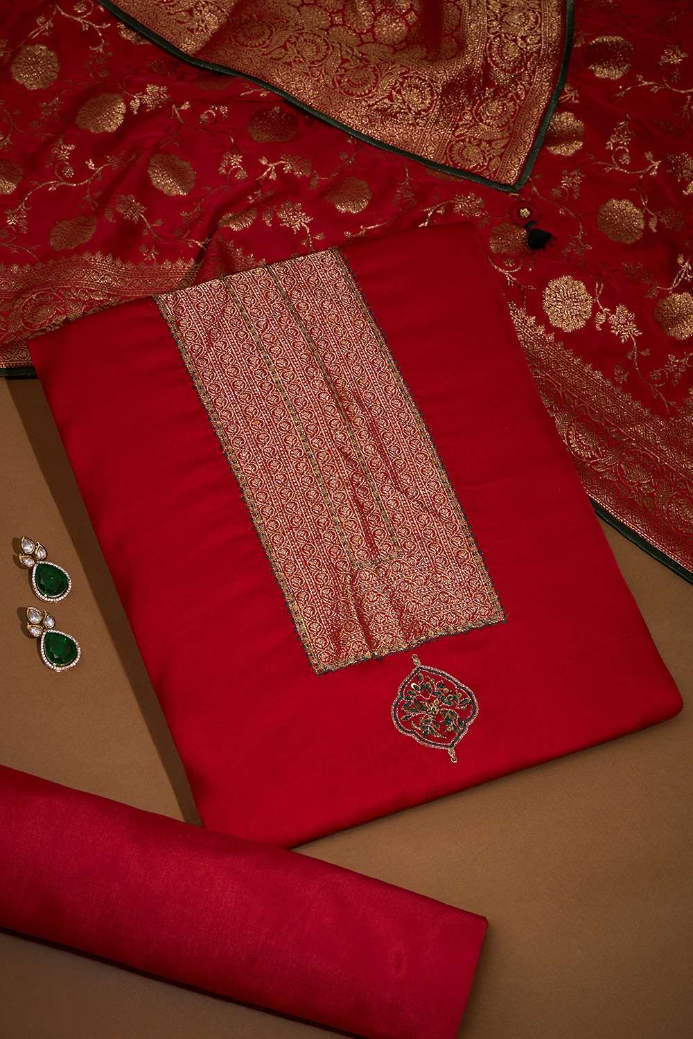Red Embroidered Viscose Unstitched Suit Set image number null