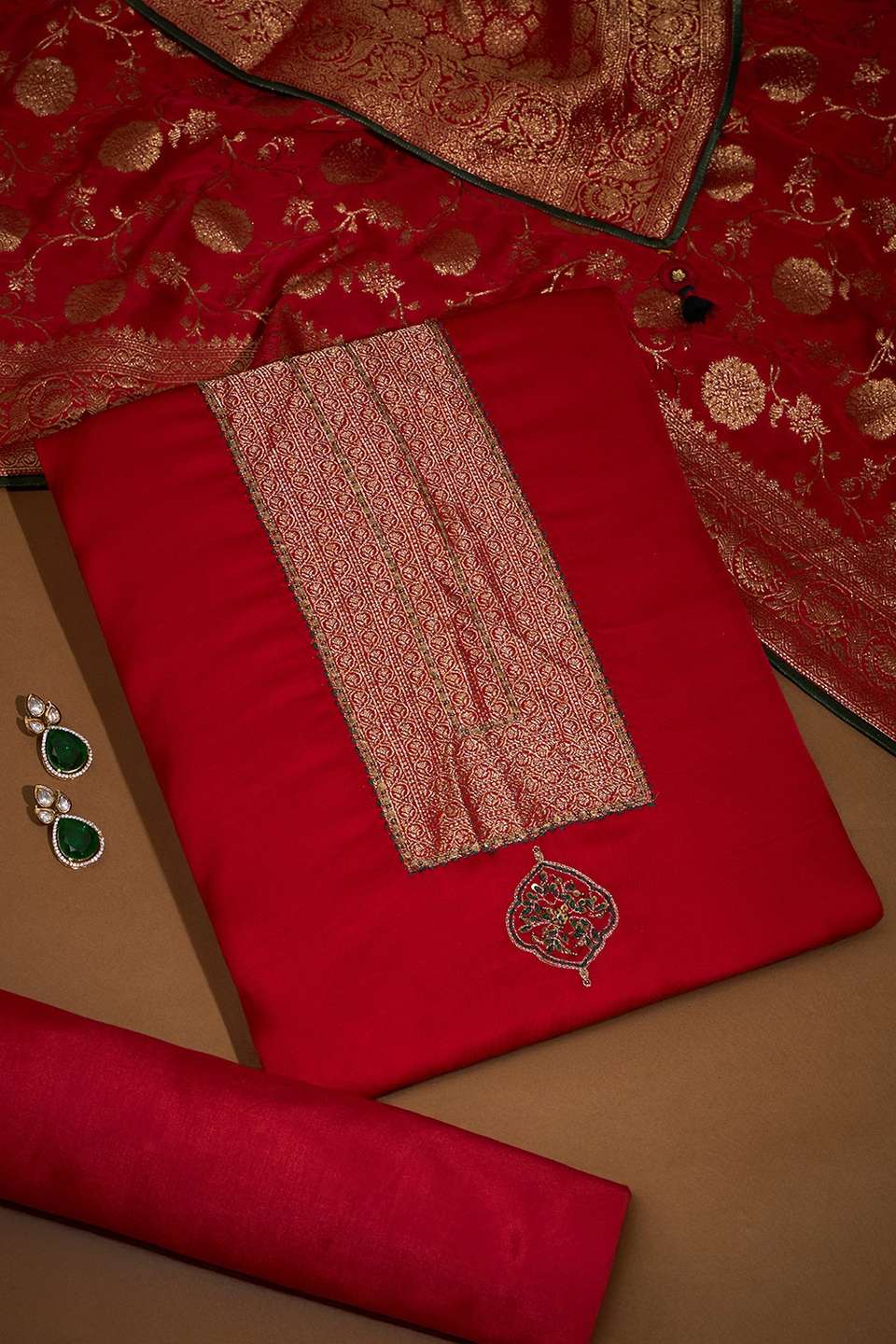 Red Embroidered Viscose Unstitched Suit Set
