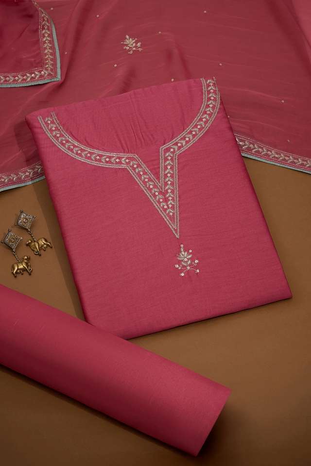 Pink Embroidered Pure Silk Cotton Unstitched Suit Set image number