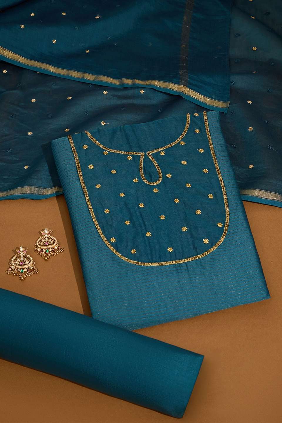 Blue Pure Silk Cotton Embroidered Unstitched Suit Set