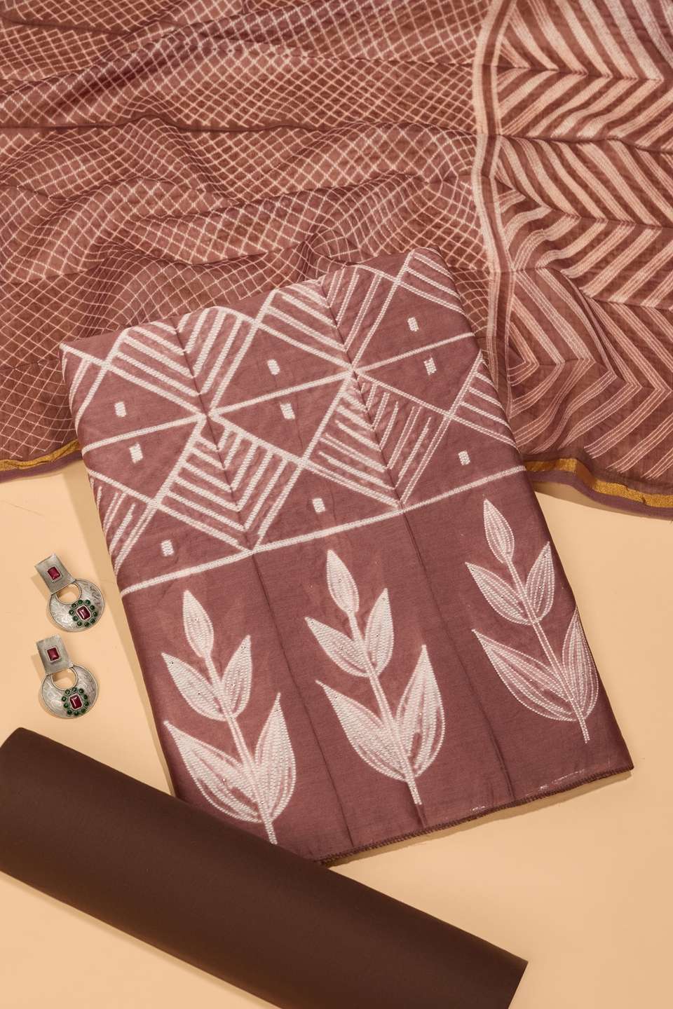 Brown Pure Silk Cotton Tie & Dye Shibori Unstitched Suit Set