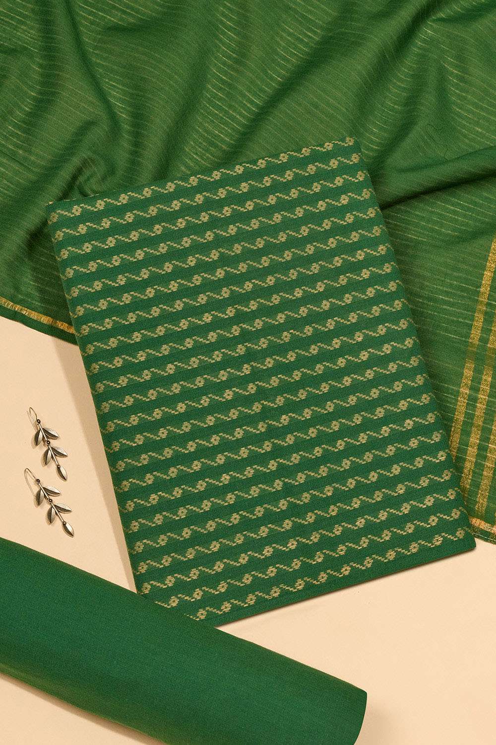 Dark Green Woven Pure Cotton Unstitched Suit Set image number null