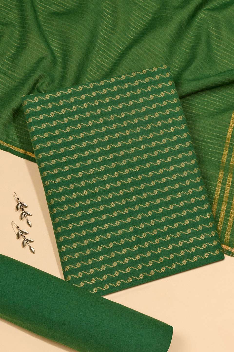 Dark Green Woven Pure Cotton Unstitched Suit Set