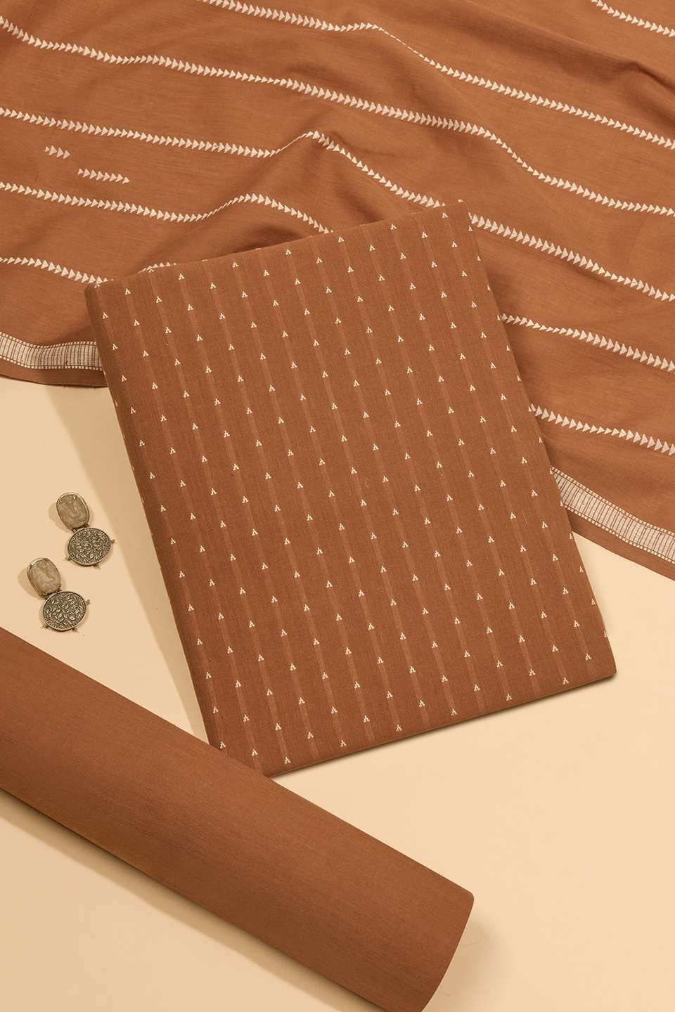 Brown Woven Pure Cotton Unstitched Suit Set