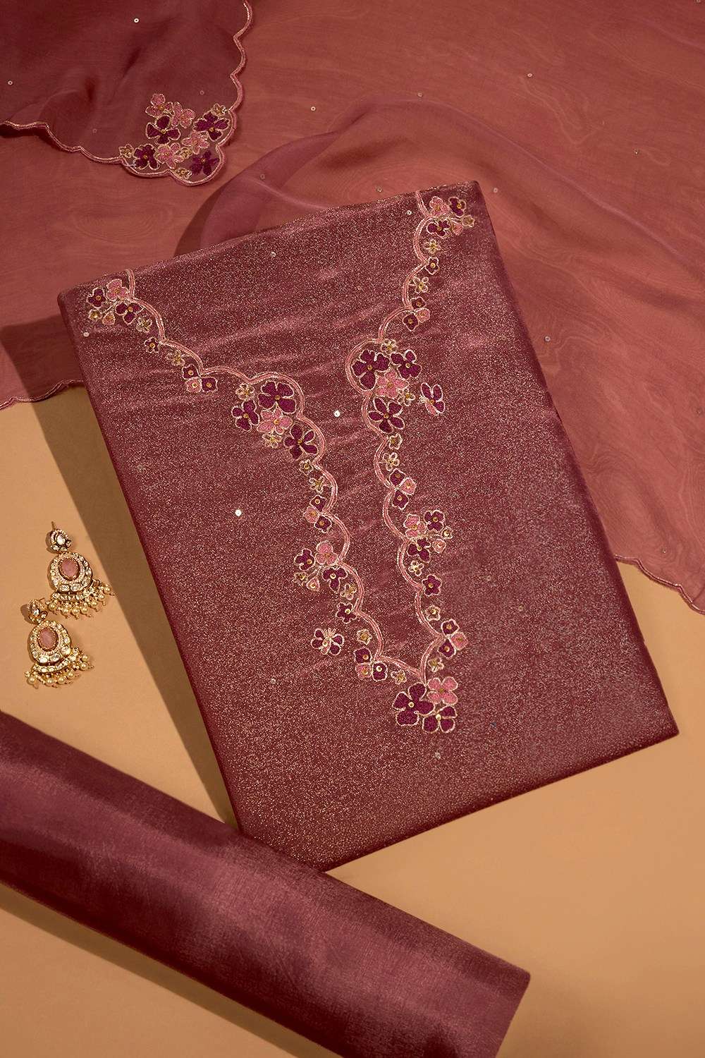 Purple Viscose Tissue Embroidered Unstitched Suit Set image number null