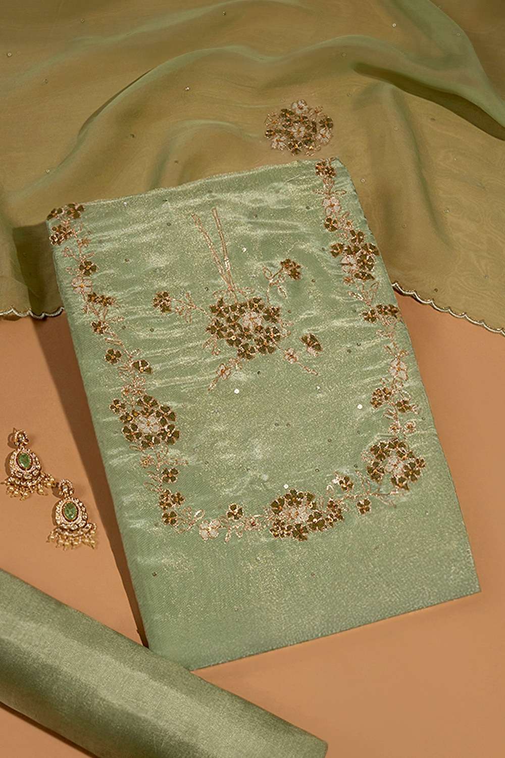 Light Green Viscose Tissue Embroidered Unstitched Suit Set image number null