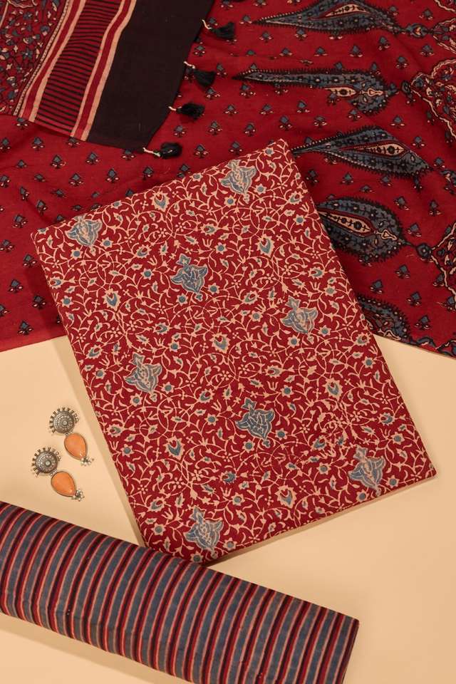 Dark Red Pure Cotton Ajrakh Unstitched Suit Set image number