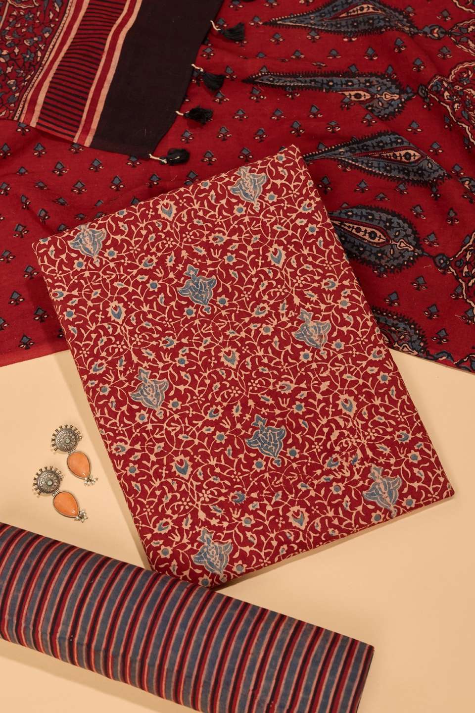 Dark Red Pure Cotton Ajrakh Unstitched Suit Set