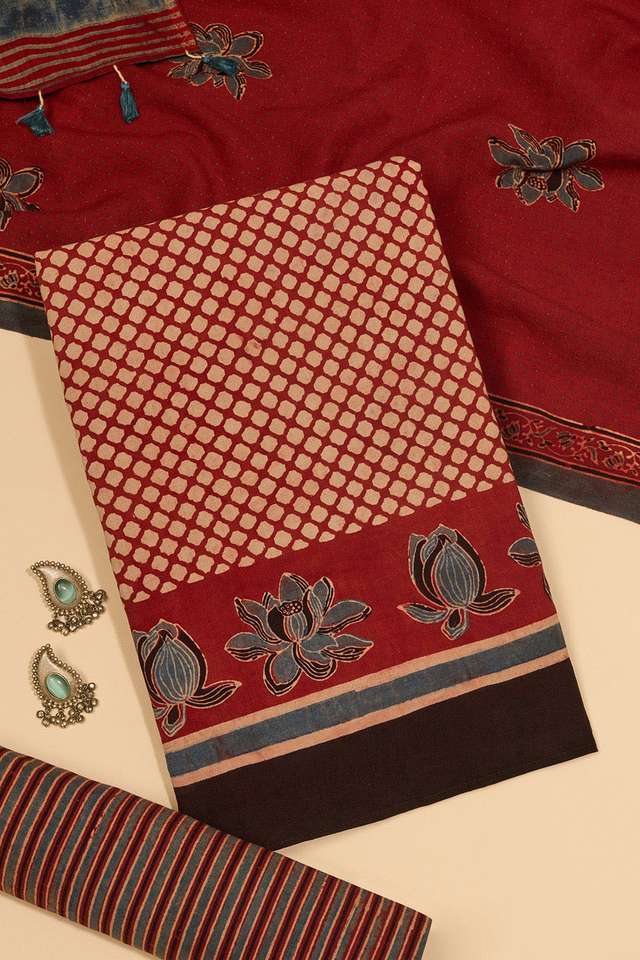 Dark Red Pure Cotton Ajrakh Unstitched Suit Set image number