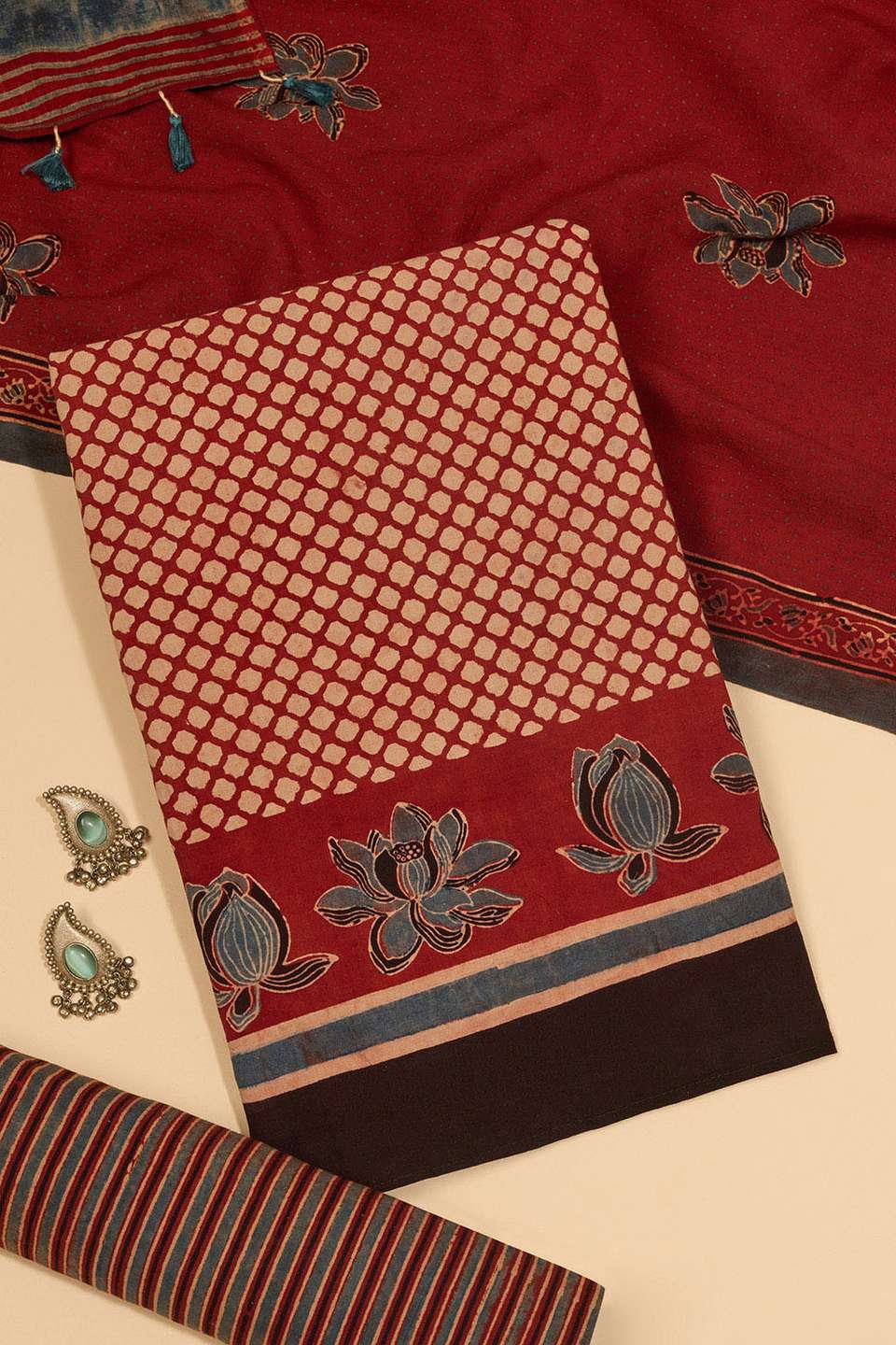 Dark Red Pure Cotton Ajrakh Unstitched Suit Set