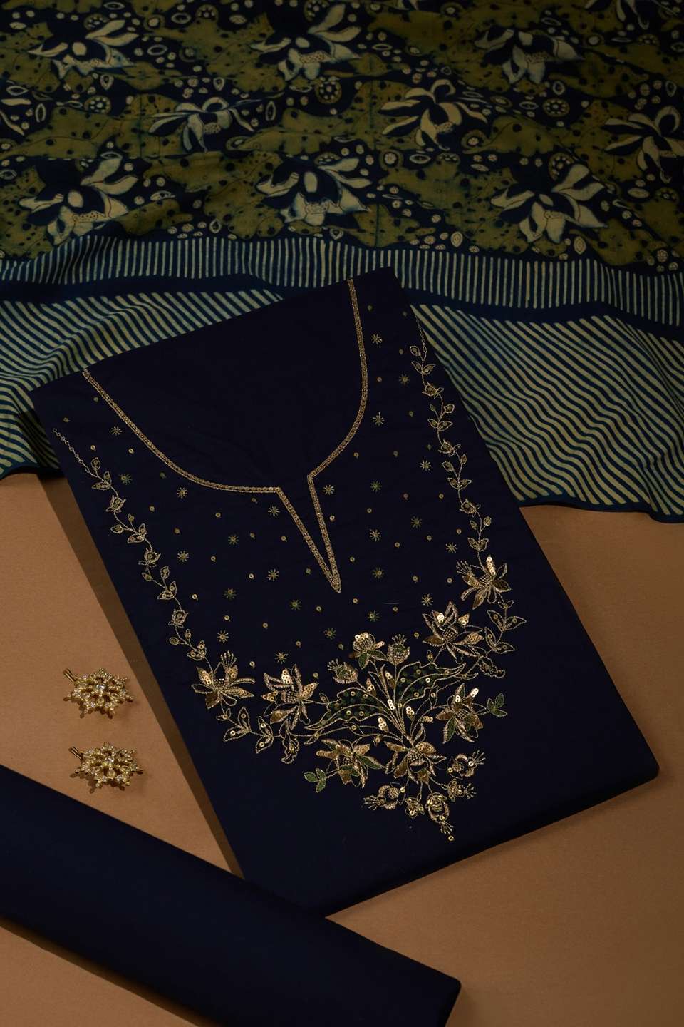 Dark Blue Pure Cotton Ajrakh Embroidered Unstitched Suit Set